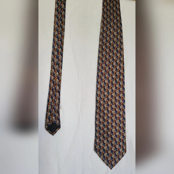 Ferrell Reed Blue Beige Hand Painted 100% Silk Career Tie Vintage - Picture 3 of 3